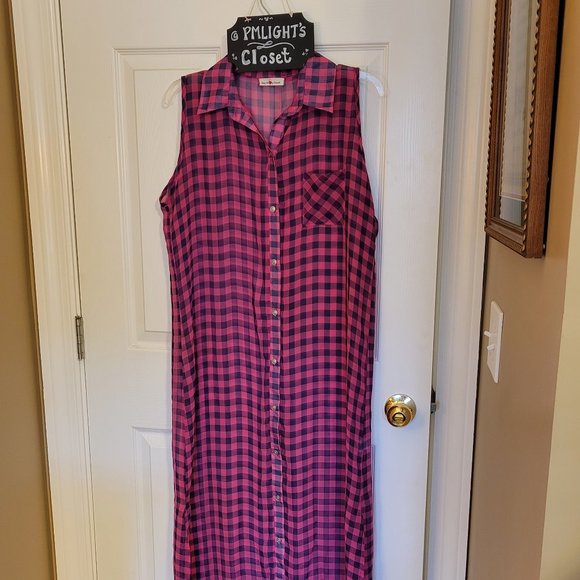 Key to My Heart Pink & Black Checked Sheer Dress Overlay Sleeveless Large - Picture 1 of 6